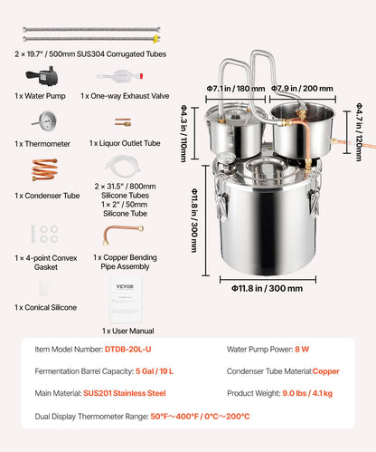 VEVOR Moonshine Still Water Alcohol Distiller 5Gal w/Thumper Keg & 8W Water Pump