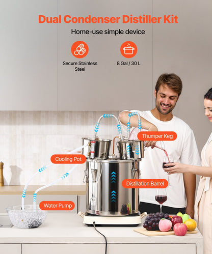 8 Gal Alcohol Distiller with Thumper Keg & Water Pump, Dual Condenser Kit