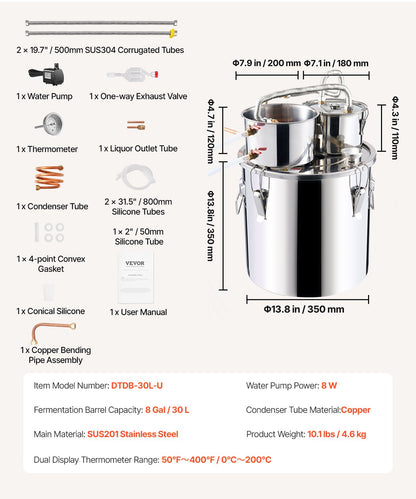 VEVOR Moonshine Still Water Alcohol Distiller 8Gal w/Thumper Keg & 8W Water Pump