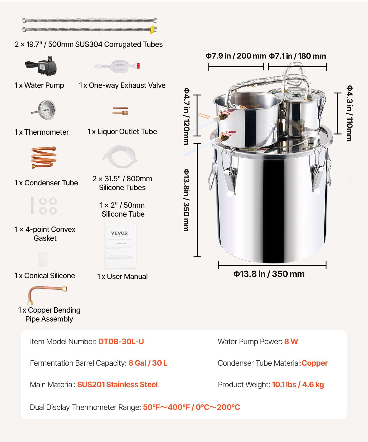 8 Gal Alcohol Distiller with Thumper Keg & Water Pump, Dual Condenser Kit