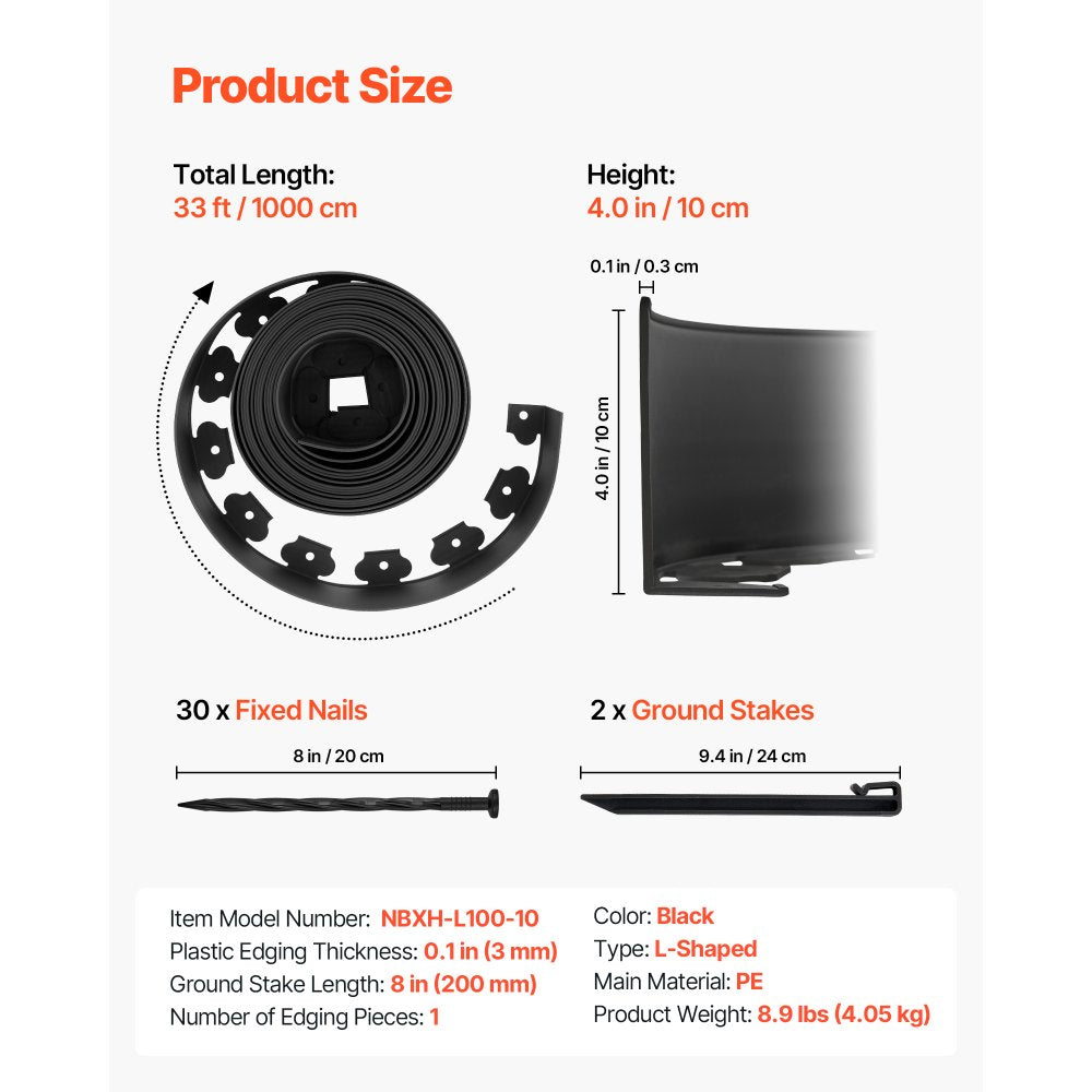 Landscape Edging 1000x10 cm L-Shaped Durable Plastic Garden Border No Dig