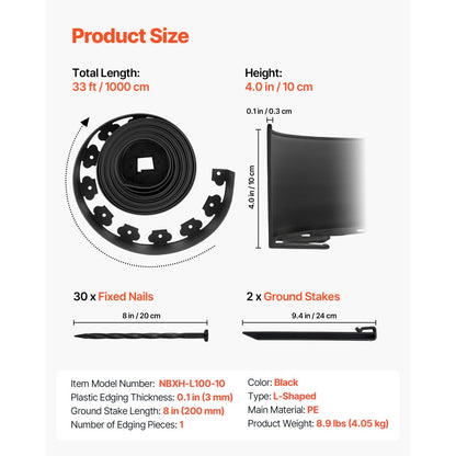 Landscape Edging 1000x10 cm L-Shaped Durable Plastic Garden Border No Dig