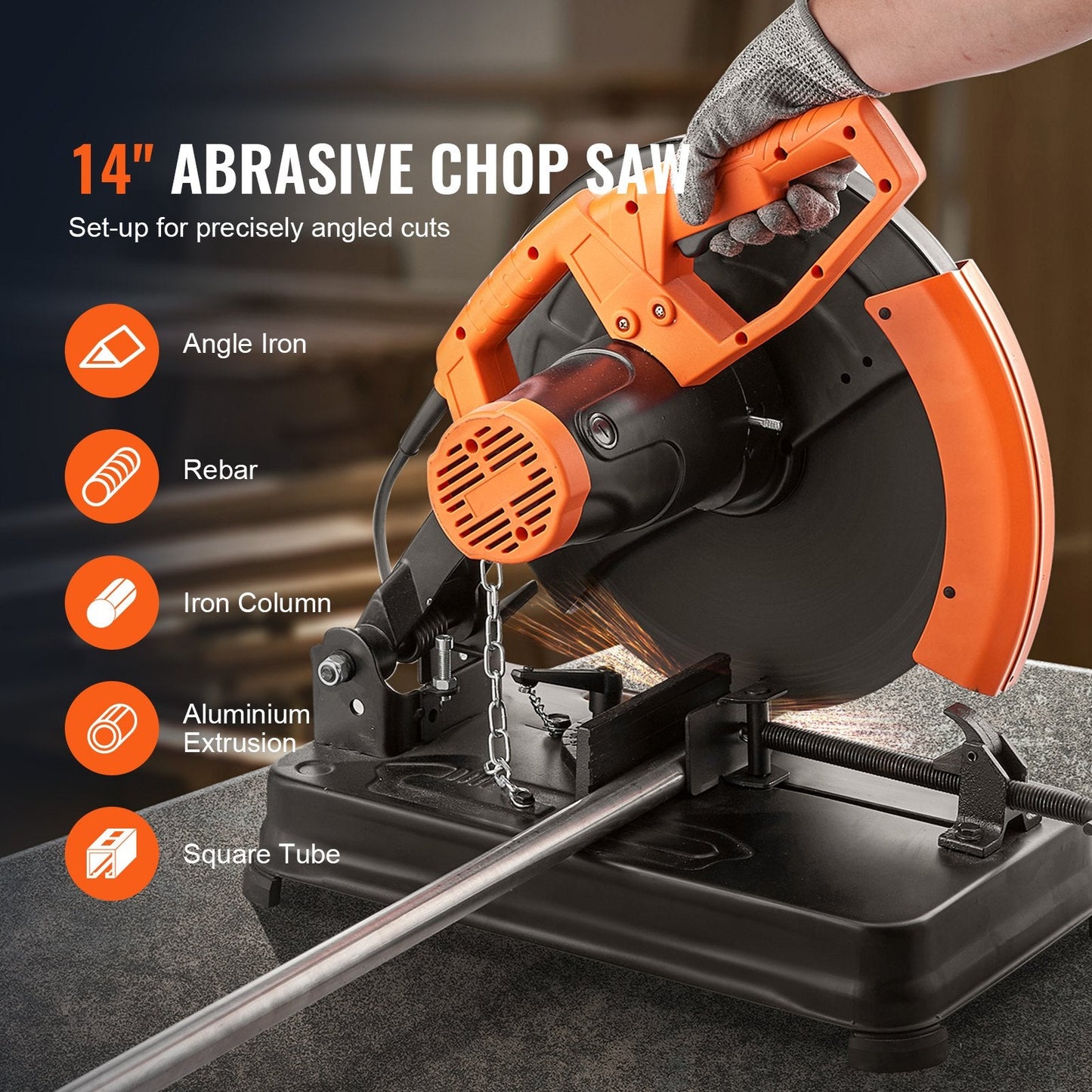 Abrasive Chop Saw with 0-45° Miter Adjust, 355mm Blade, 2300W, 3600RPM