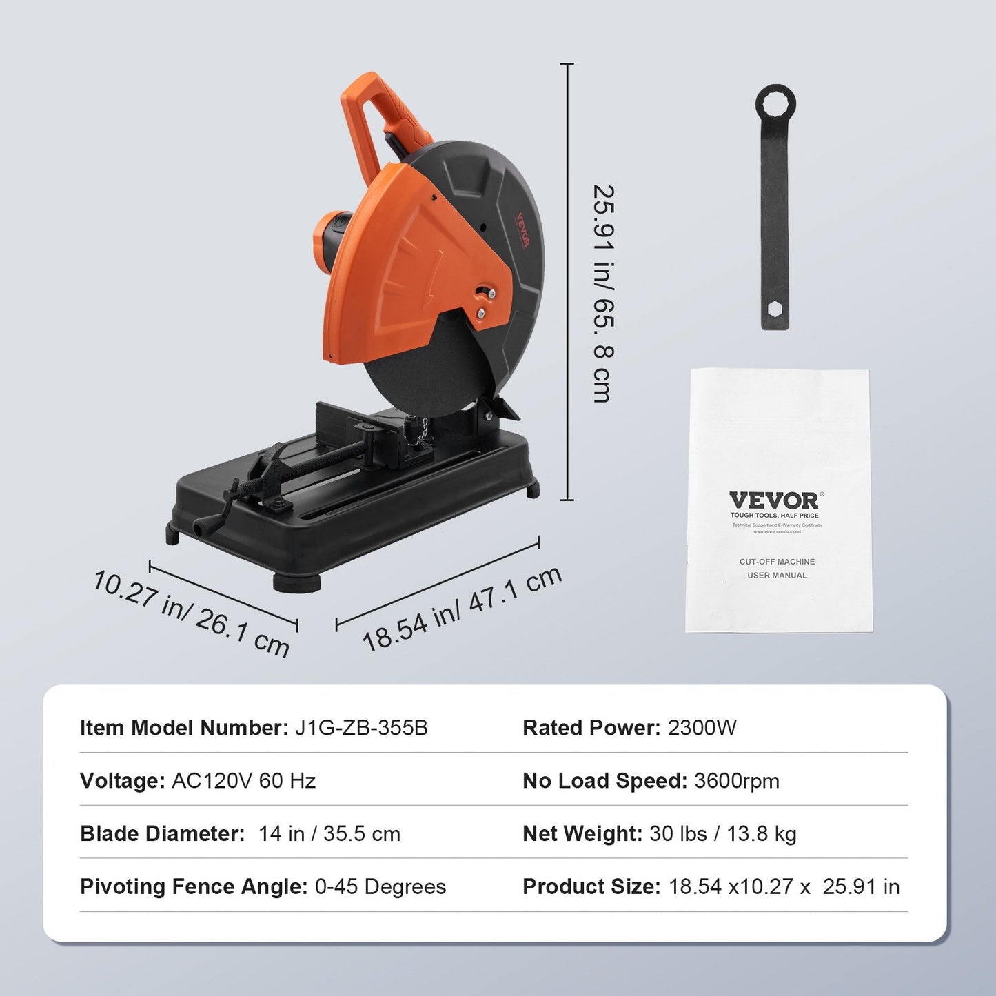 Abrasive Chop Saw with 0-45° Miter Adjust, 355mm Blade, 2300W, 3600RPM