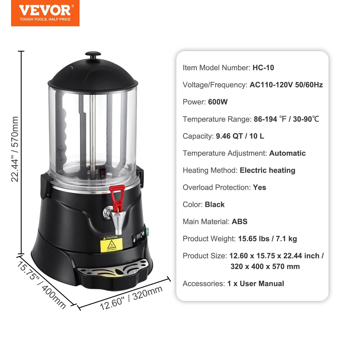 10L Electric Hot Chocolate Maker with Automatic Temperature Control, Black