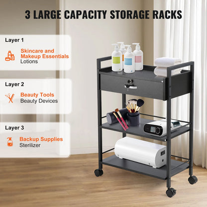 3-Tier Salon Trolley Cart with Lockable Drawer and Wheels, Black MDF