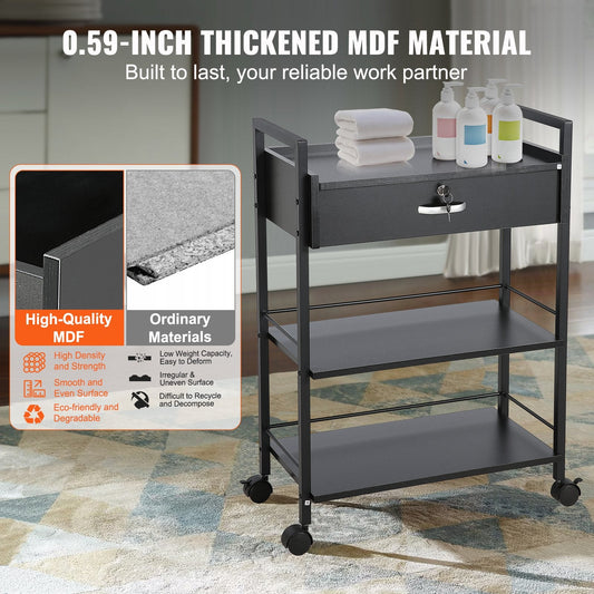 3-Tier Salon Trolley Cart with Lockable Drawer and Wheels, Black MDF