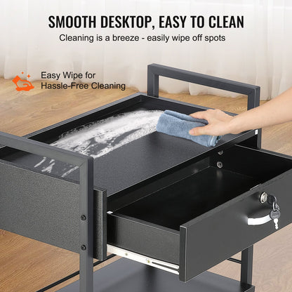 3-Tier Salon Trolley Cart with Lockable Drawer and Wheels, Black MDF