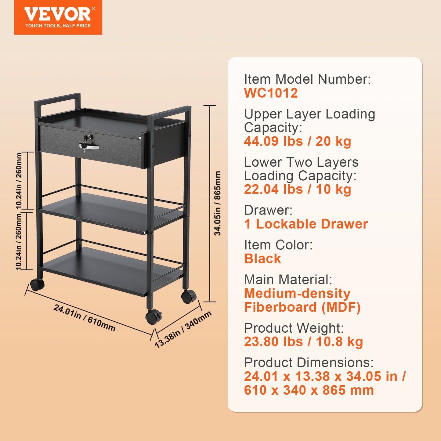 VEVOR Beauty Salon Trolley Cart, 3-Tier Hair Salon Stations Cabinet for Stylist