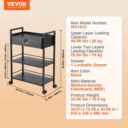VEVOR Beauty Salon Trolley Cart, 3-Tier Hair Salon Stations Cabinet for Stylist