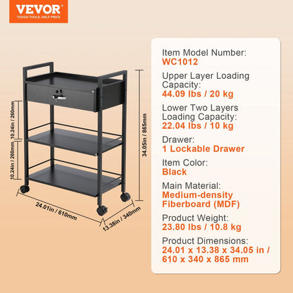 3-Tier Salon Trolley Cart with Lockable Drawer and Wheels, Black MDF