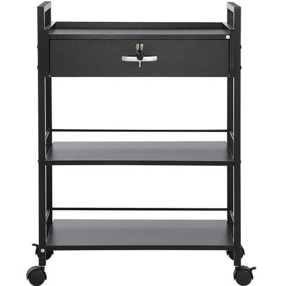 3-Tier Salon Trolley Cart with Lockable Drawer and Wheels, Black MDF