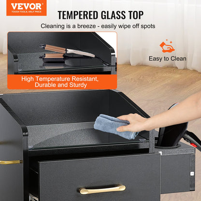 VEVOR Beauty Salon Storage Trolley Cart, Glass Top Hair Salon Station Cabinet for