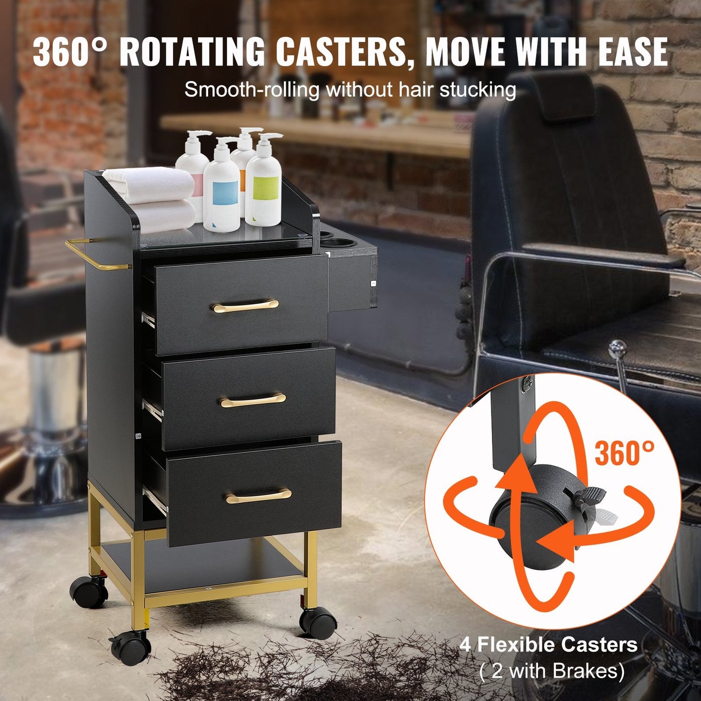 Luxury Beauty Salon Trolley Cart with Glass Top and Lockable Wheels, Gold/Black