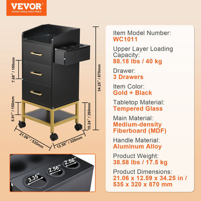 Luxury Beauty Salon Trolley Cart with Glass Top and Lockable Wheels, Gold/Black