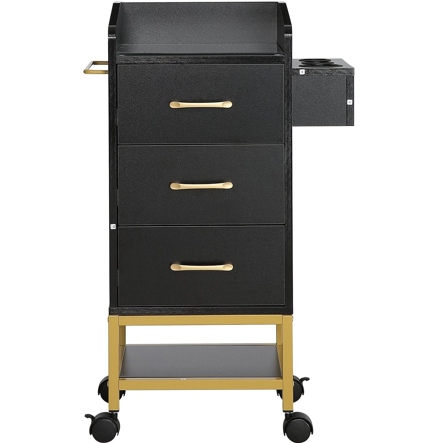 Luxury Beauty Salon Trolley Cart with Glass Top and Lockable Wheels, Gold/Black