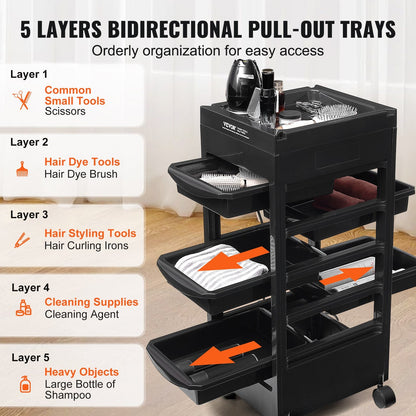 Beauty Salon Rolling Cart with 5 Drawers & Dryer Holder, 0.8m High, 27 kg Capacity
