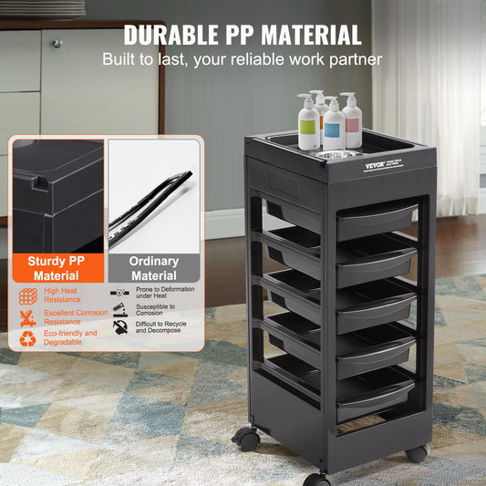 Beauty Salon Rolling Cart with 5 Drawers & Dryer Holder, 0.8m High, 27 kg Capacity