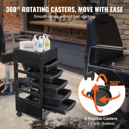 Beauty Salon Rolling Cart with 5 Drawers & Dryer Holder, 0.8m High, 27 kg Capacity