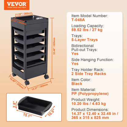 Beauty Salon Rolling Cart with 5 Drawers & Dryer Holder, 0.8m High, 27 kg Capacity