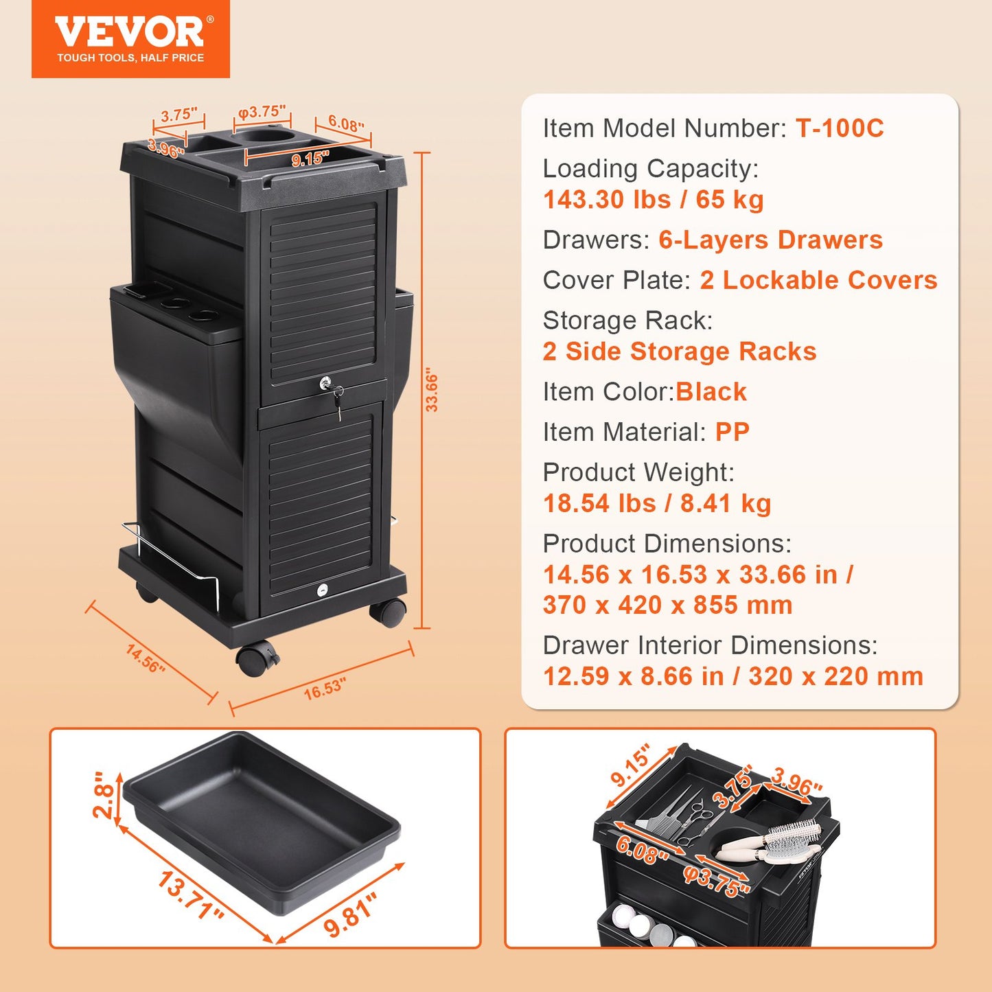 VEVOR Ultimate Salon Trolley Cart, Lockable Beauty Salon Cart for Stylist with 6