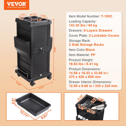 VEVOR Ultimate Salon Trolley Cart, Lockable Beauty Salon Cart for Stylist with 6