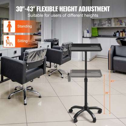 Adjustable Salon Tray Cart: 0.76-1.09m Height, Rolling with Lockable Wheels