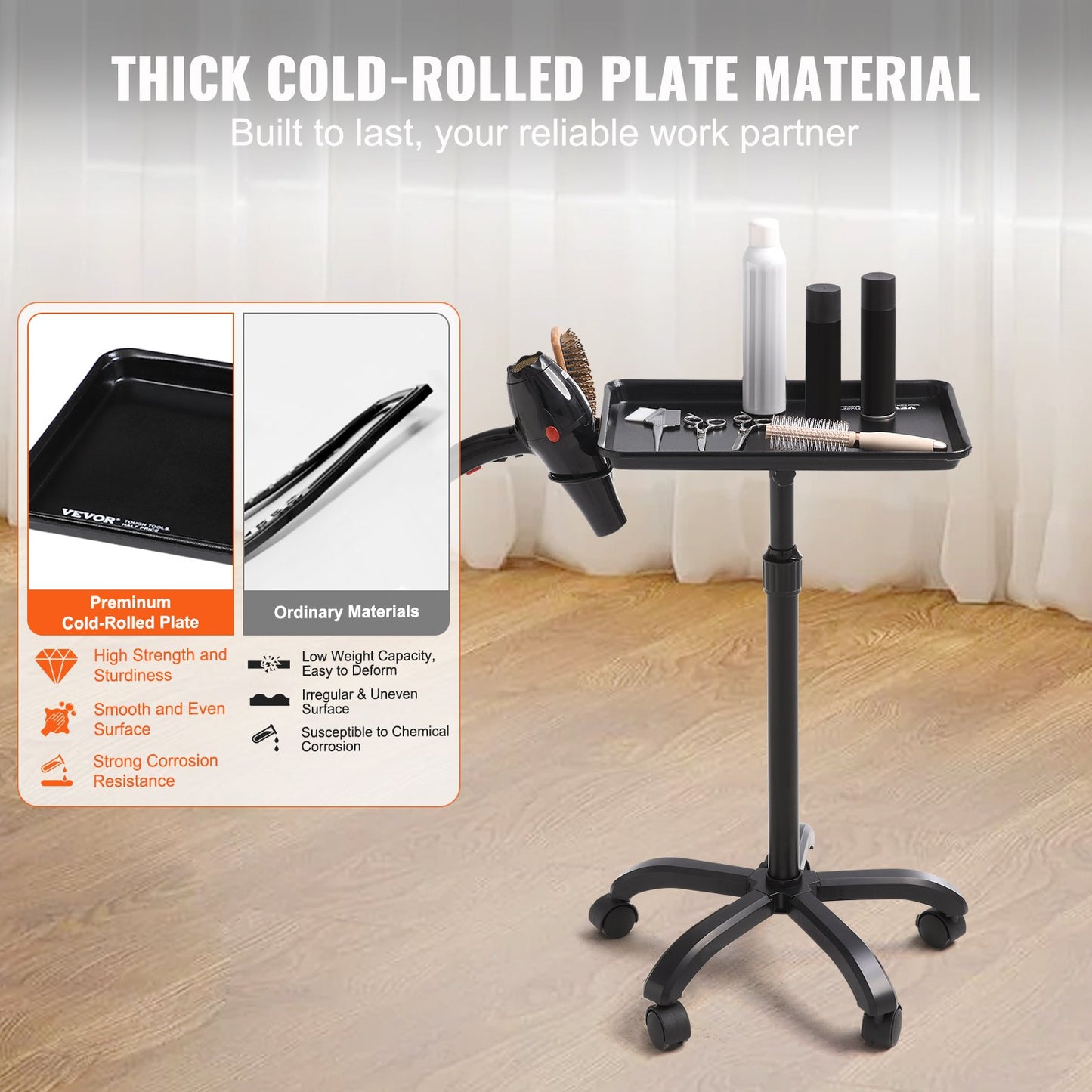 VEVOR Salon Tray Cart, 30"-43" Height Adjustable Rolling Salon Tray, Cold-rolled