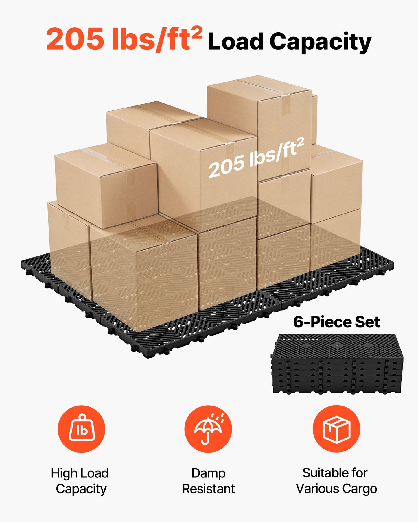 Plastic Pallets, 6 Pcs Plastic Pallets for Basement Storage, Nestable Lightweight Waterproof Storage Pad with Breathable Grid for Indoor Outdoor Supermarket Warehouse, 600 x 300 x 30 mm, Black
