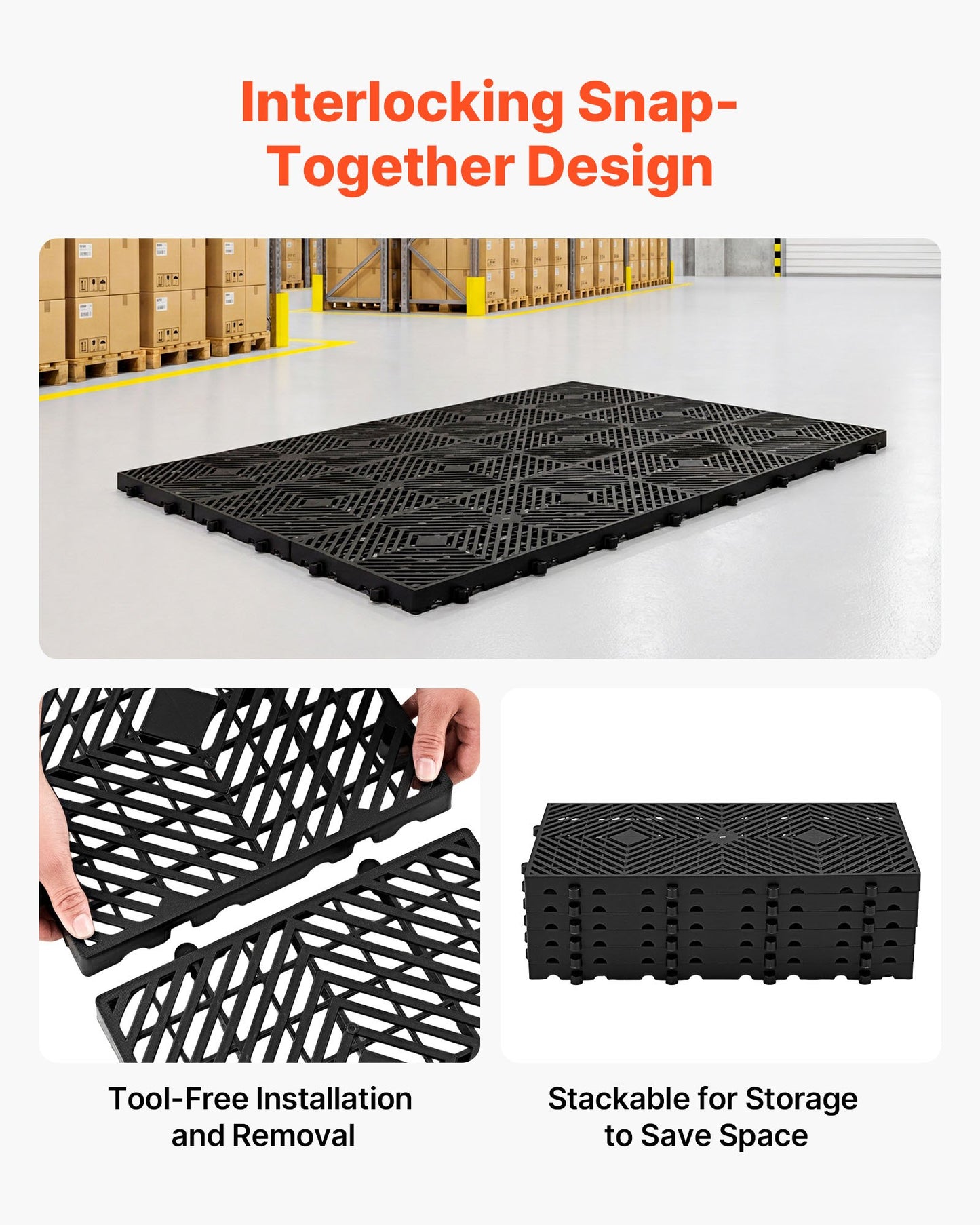 Plastic Pallets, 6 Pcs Plastic Pallets for Basement Storage, Nestable Lightweight Waterproof Storage Pad with Breathable Grid for Indoor Outdoor Supermarket Warehouse, 600 x 300 x 30 mm, Black
