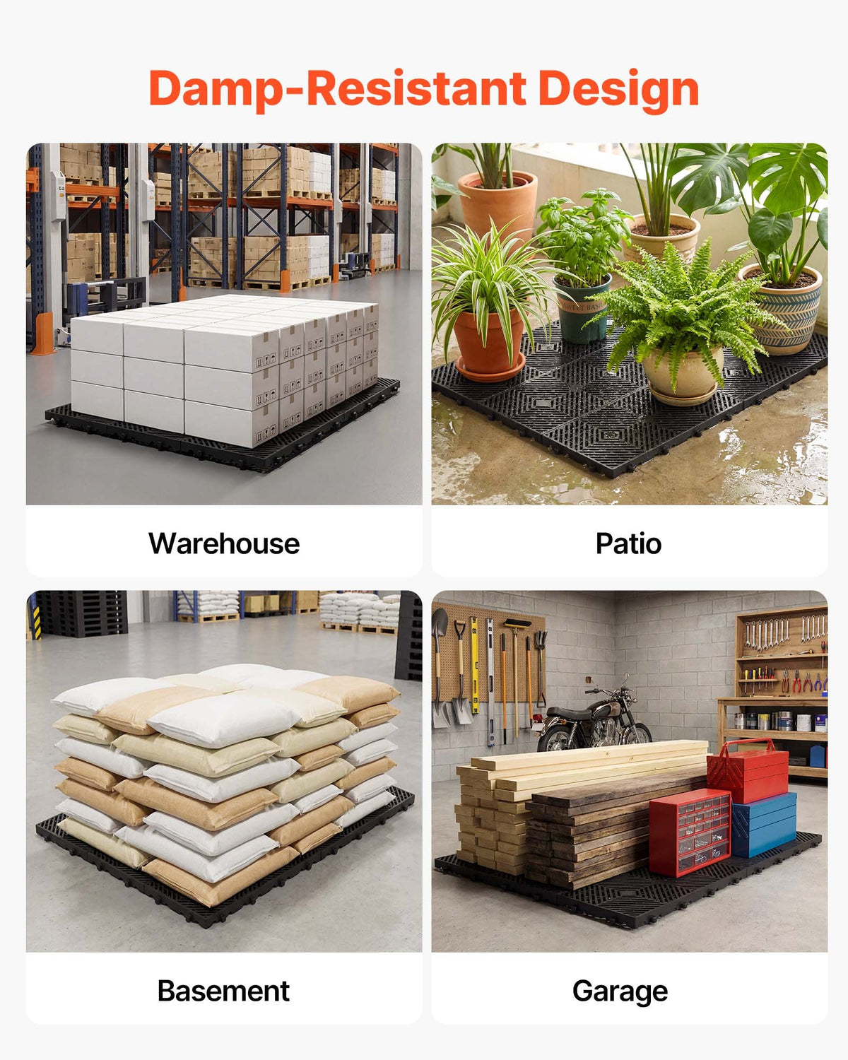 Plastic Pallets, 6 Pcs Plastic Pallets for Basement Storage, Nestable Lightweight Waterproof Storage Pad with Breathable Grid for Indoor Outdoor Supermarket Warehouse, 600 x 300 x 30 mm, Black