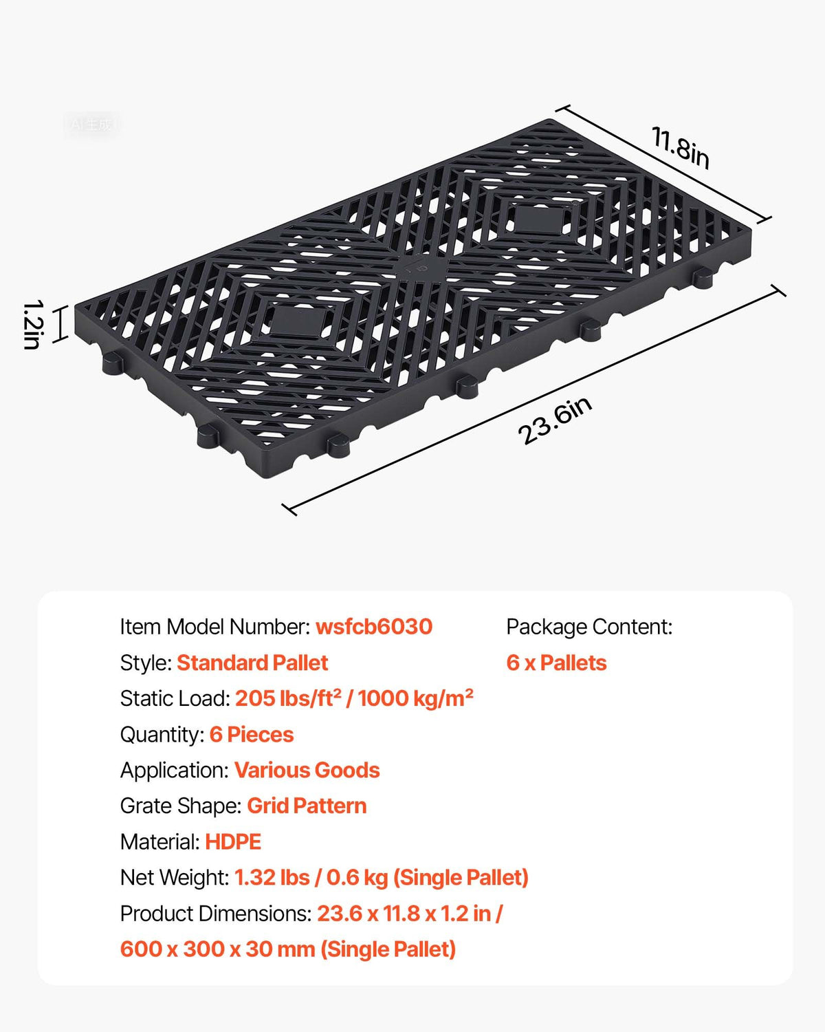Plastic Pallets, 6 Pcs Plastic Pallets for Basement Storage, Nestable Lightweight Waterproof Storage Pad with Breathable Grid for Indoor Outdoor Supermarket Warehouse, 600 x 300 x 30 mm, Black