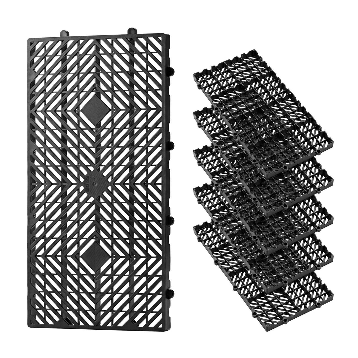 Plastic Pallets, 6 Pcs Plastic Pallets for Basement Storage, Nestable Lightweight Waterproof Storage Pad with Breathable Grid for Indoor Outdoor Supermarket Warehouse, 600 x 300 x 30 mm, Black