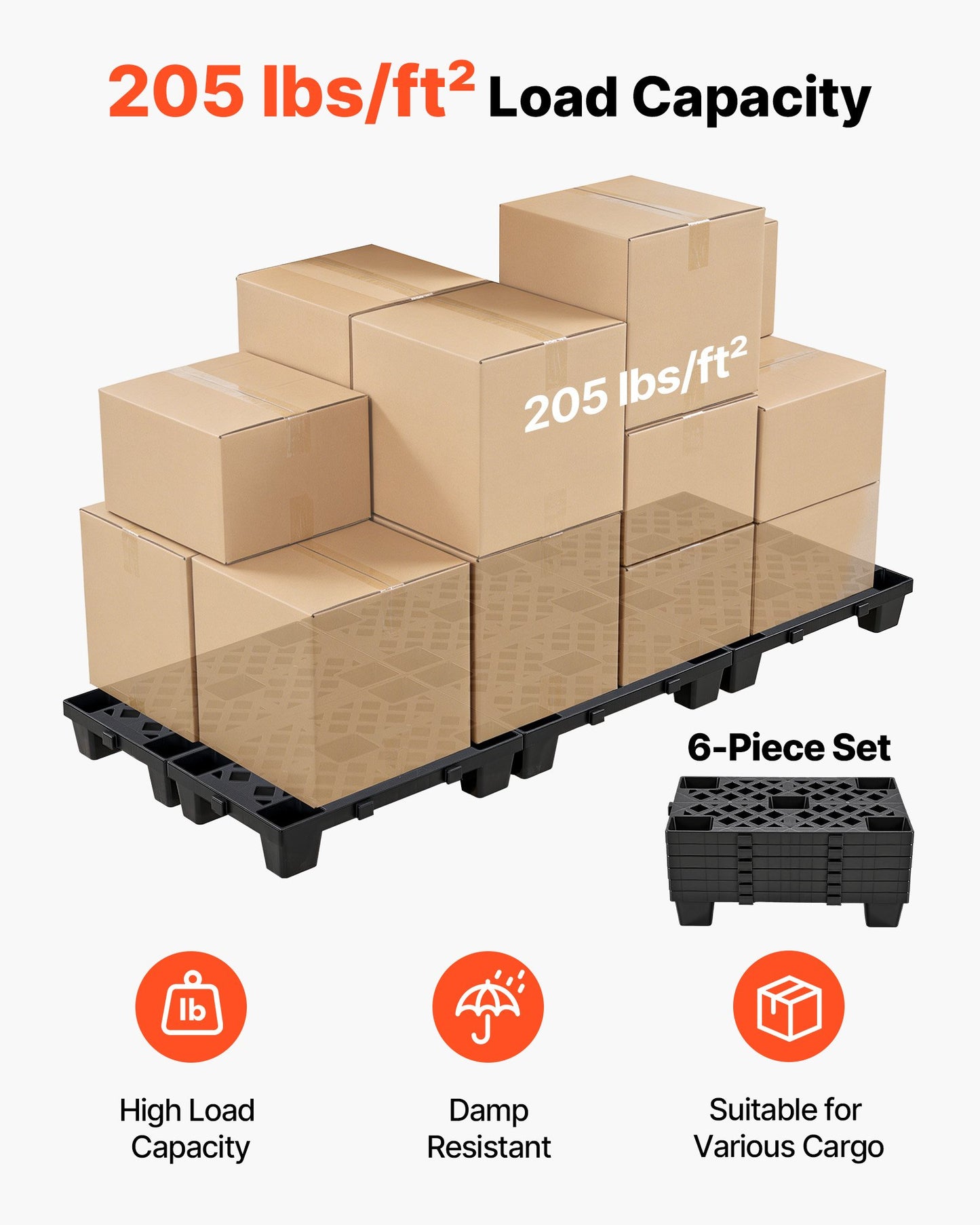 Plastic Pallets, 6 Pcs Plastic Pallets for Basement Storage, Nestable Lightweight Waterproof Storage Pad with Breathable Grid for Indoor Outdoor Supermarket Warehouse, 500 x 305 x 100 mm, Black