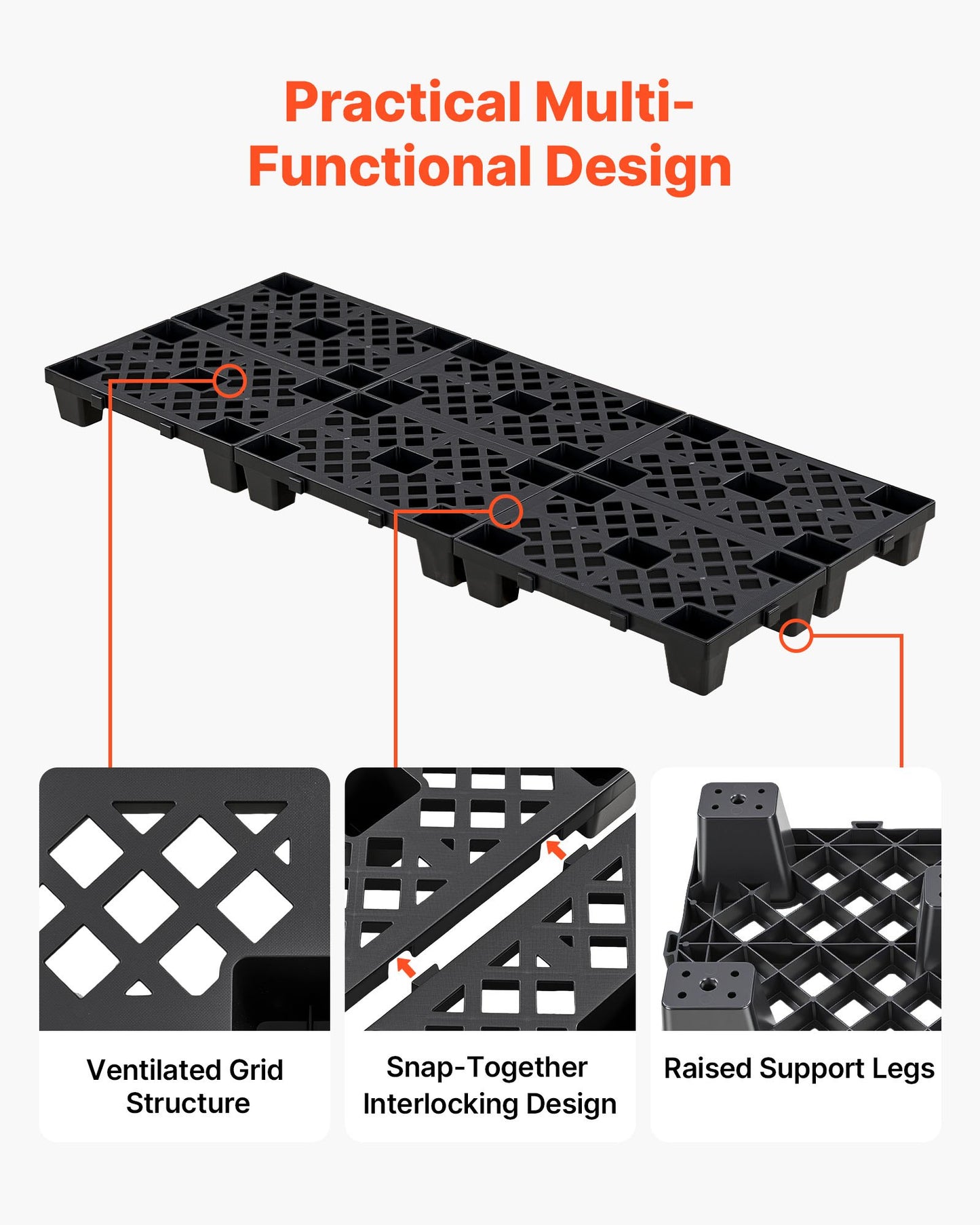 Plastic Pallets, 6 Pcs Plastic Pallets for Basement Storage, Nestable Lightweight Waterproof Storage Pad with Breathable Grid for Indoor Outdoor Supermarket Warehouse, 500 x 305 x 100 mm, Black
