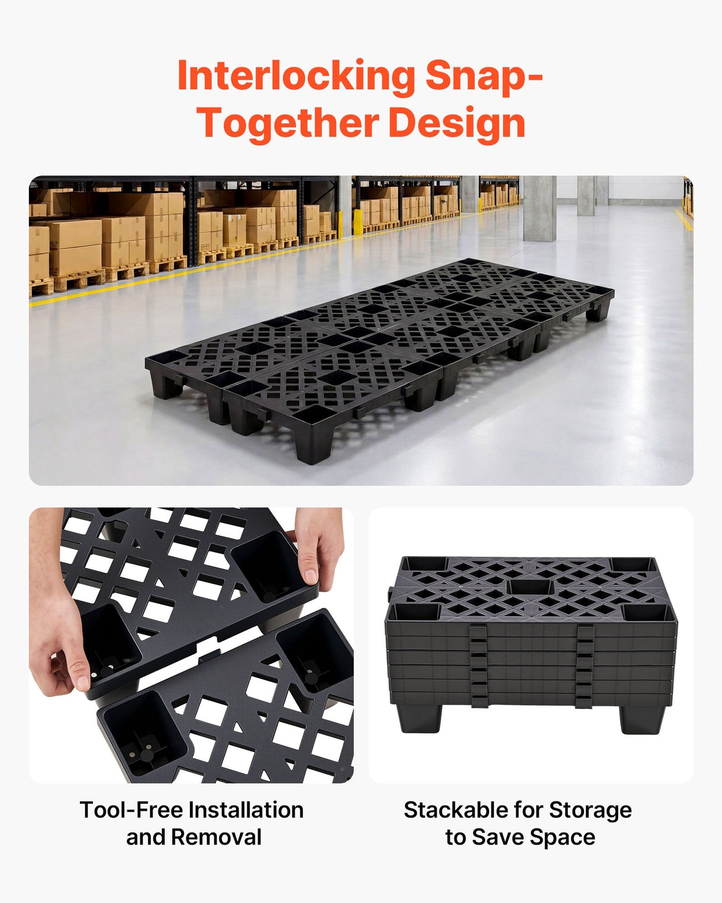Plastic Pallets, 6 Pcs Plastic Pallets for Basement Storage, Nestable Lightweight Waterproof Storage Pad with Breathable Grid for Indoor Outdoor Supermarket Warehouse, 500 x 305 x 100 mm, Black