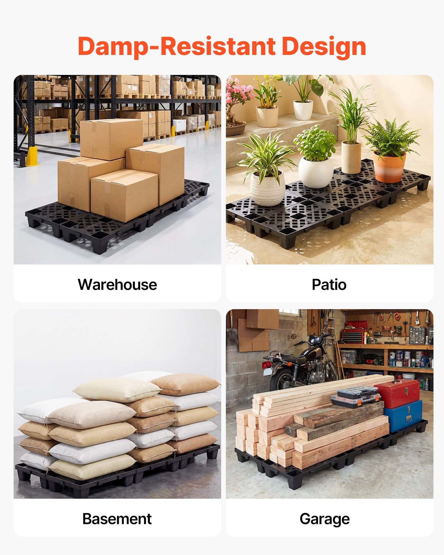 Plastic Pallets, 6 Pcs Plastic Pallets for Basement Storage, Nestable Lightweight Waterproof Storage Pad with Breathable Grid for Indoor Outdoor Supermarket Warehouse, 500 x 305 x 100 mm, Black
