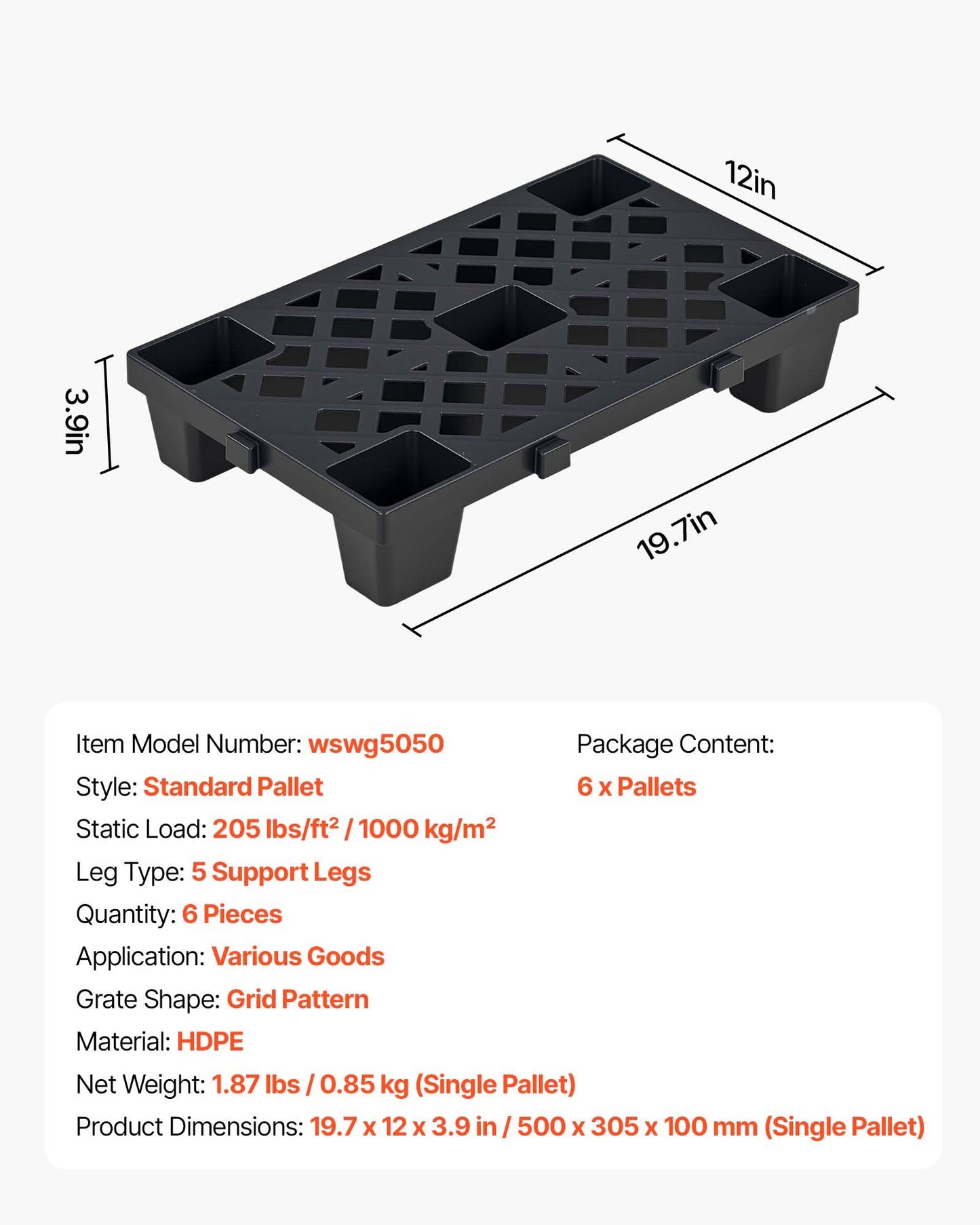 Plastic Pallets, 6 Pcs Plastic Pallets for Basement Storage, Nestable Lightweight Waterproof Storage Pad with Breathable Grid for Indoor Outdoor Supermarket Warehouse, 500 x 305 x 100 mm, Black