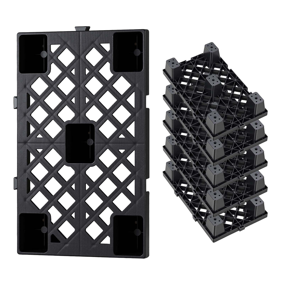 Plastic Pallets, 6 Pcs Plastic Pallets for Basement Storage, Nestable Lightweight Waterproof Storage Pad with Breathable Grid for Indoor Outdoor Supermarket Warehouse, 500 x 305 x 100 mm, Black