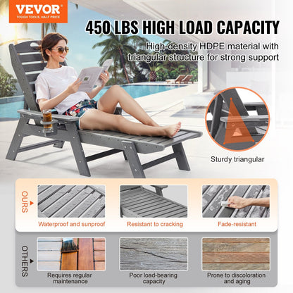 Gray Outdoor Adjustable Chaise Lounge Chair with 6 Reclining Positions, 23 kg