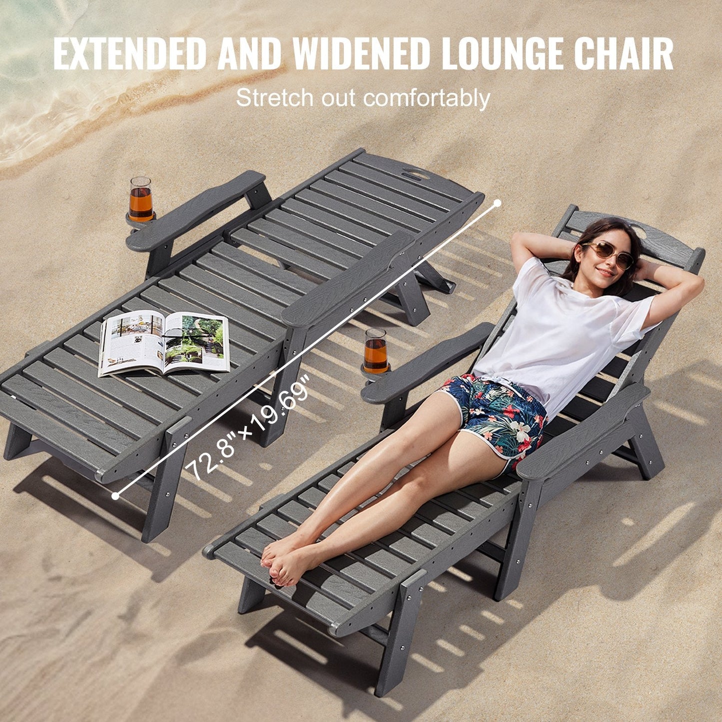 Gray Outdoor Adjustable Chaise Lounge Chair with 6 Reclining Positions, 23 kg