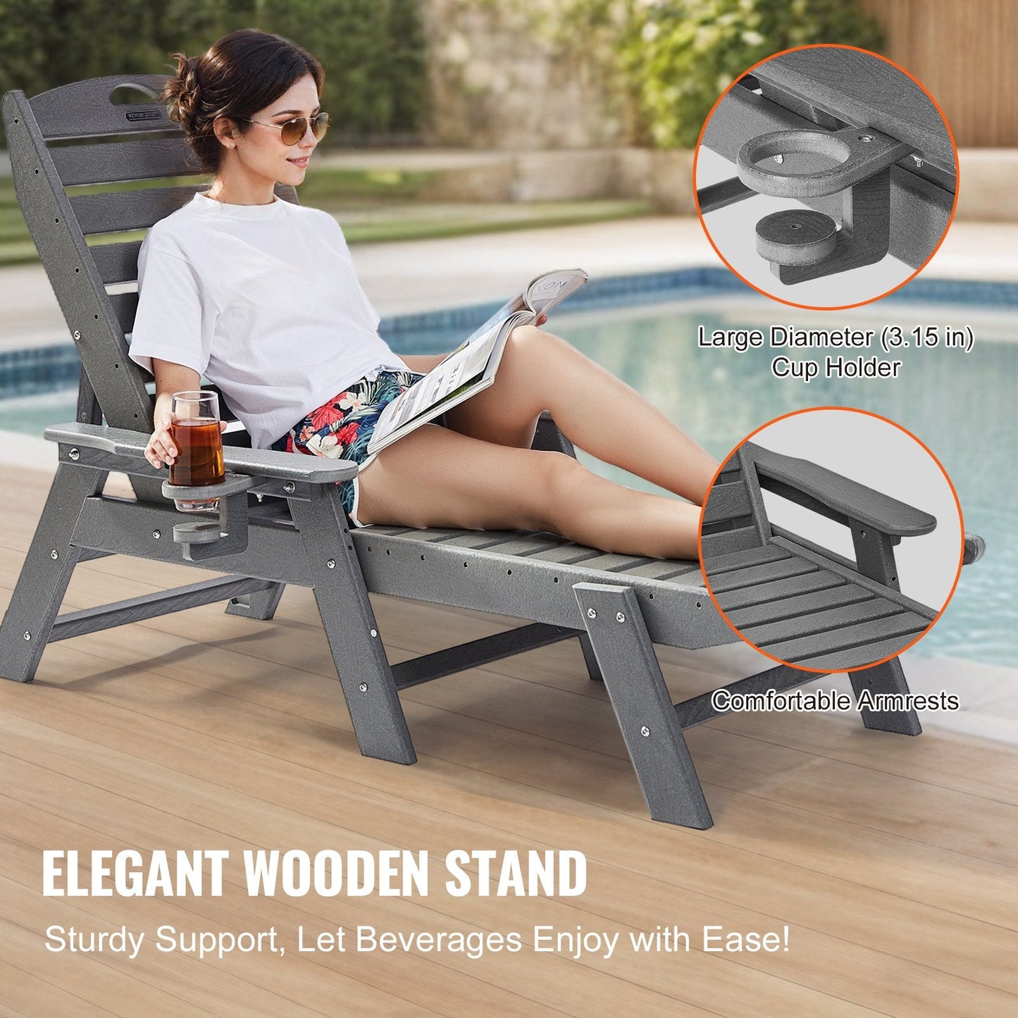 Gray Outdoor Adjustable Chaise Lounge Chair with 6 Reclining Positions, 23 kg