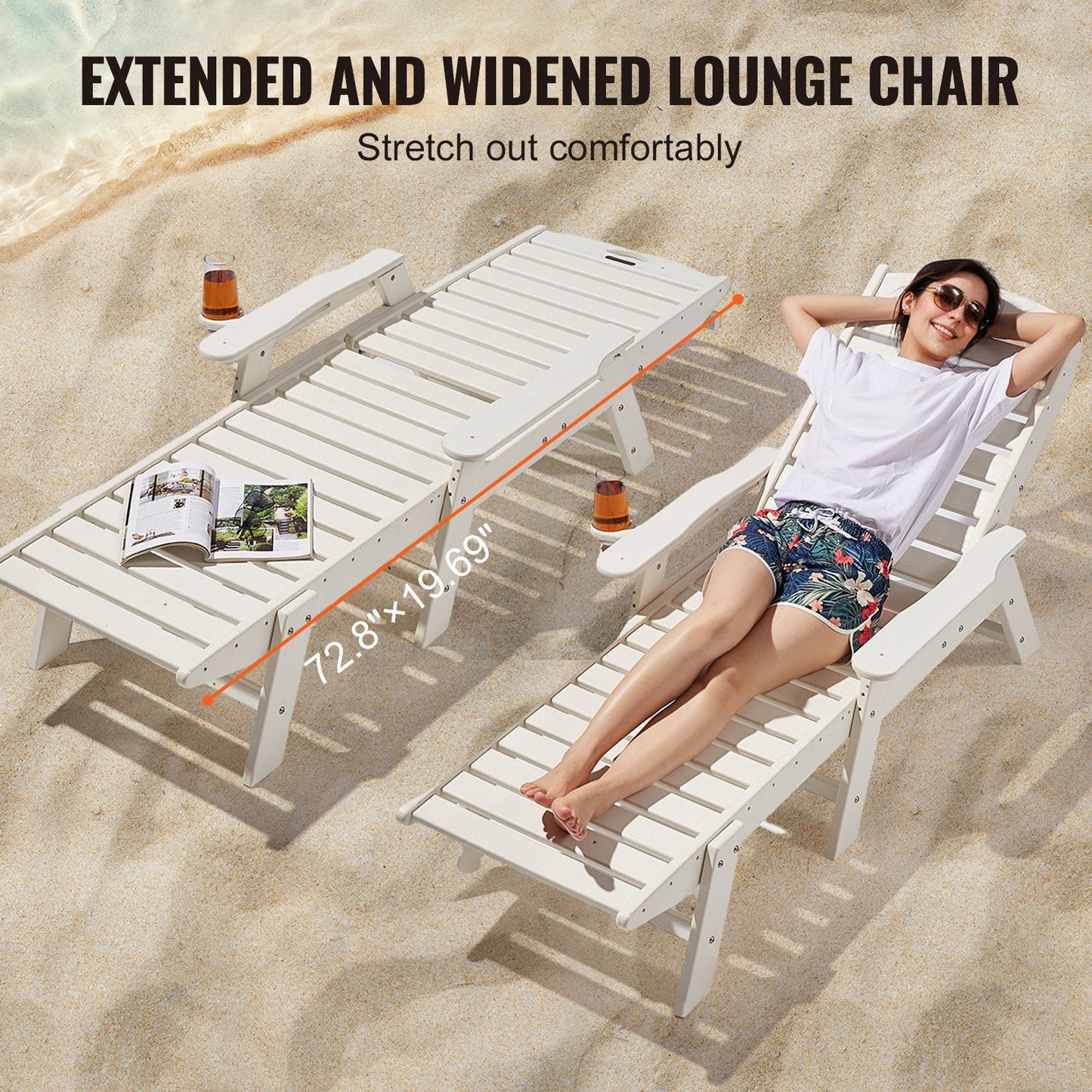Outdoor White Chaise Lounge Chair, Adjustable Recliner with 6 Positions