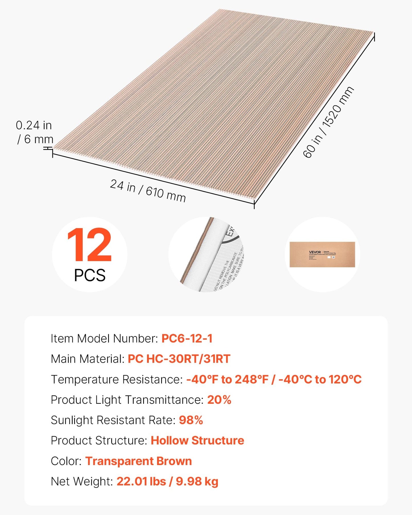 Roof Panels, 12Pcs Polycarbonate Roofing Panels Double Layer, High Impact Corrugated Plastic Greenhouse Replacement Cover, Waterproof for Gazebos, Chicken Coops, Home, Garden (1520 x 610 x 6 mm)
