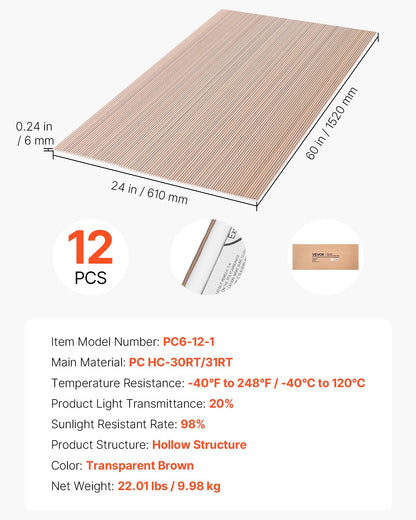Roof Panels, 12Pcs Polycarbonate Roofing Panels Double Layer, High Impact Corrugated Plastic Greenhouse Replacement Cover, Waterproof for Gazebos, Chicken Coops, Home, Garden (1520 x 610 x 6 mm)
