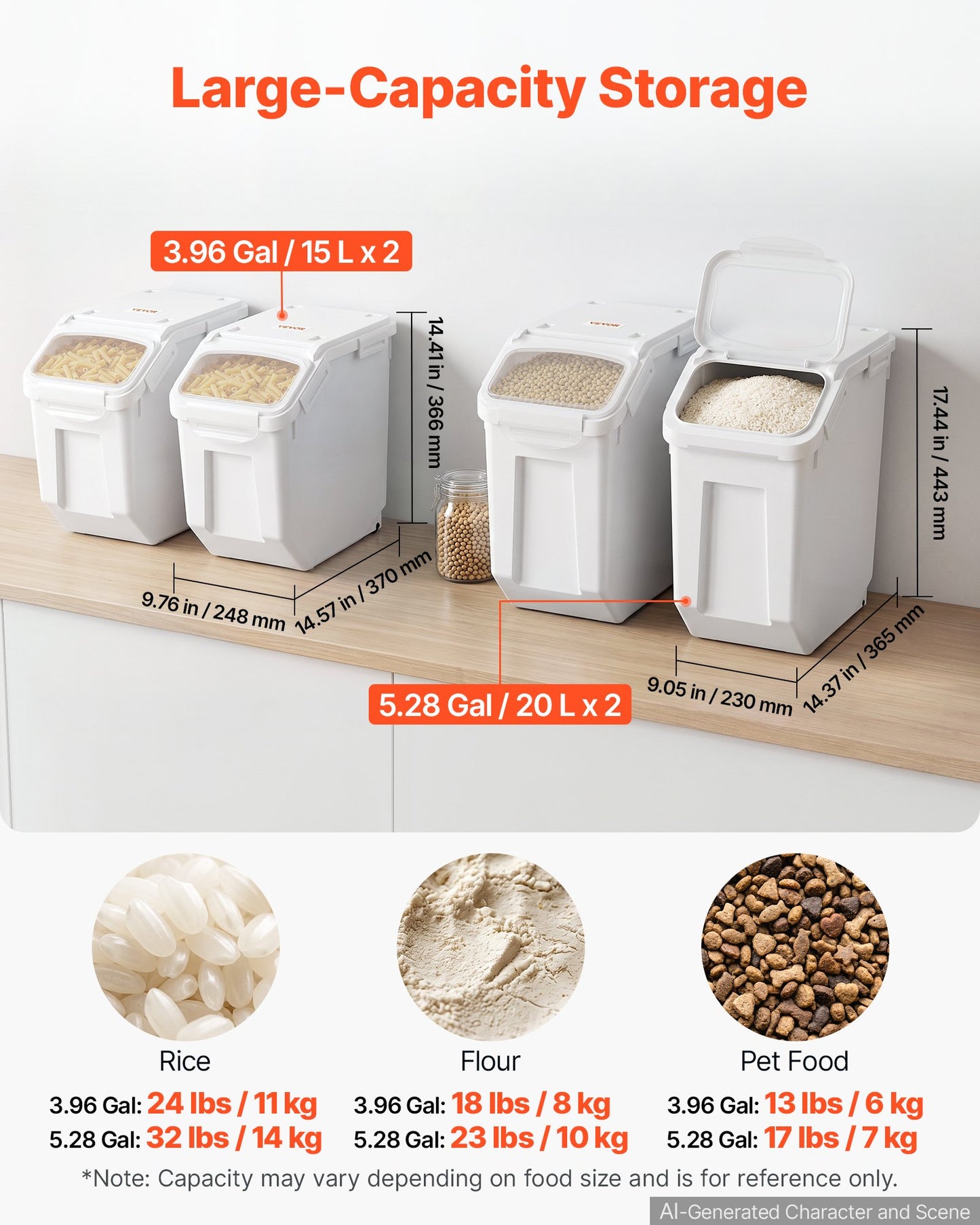 Rice Storage Container 4 Pack 15 L/3.96 Gal x 2 + 20 L/5.28 Gal x 2, for Kitchen Pantry, Stackable Large Dog Food Dispenser, Ingredient Grain Cereal Flour Bin with Measuring Cup, Airtight Lid