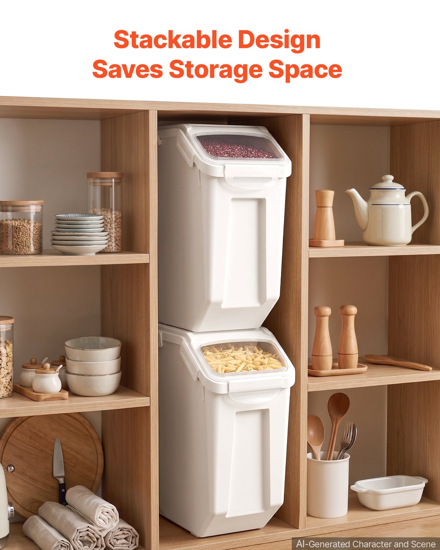 Rice Storage Container 4 Pack 15 L/3.96 Gal x 2 + 20 L/5.28 Gal x 2, for Kitchen Pantry, Stackable Large Dog Food Dispenser, Ingredient Grain Cereal Flour Bin with Measuring Cup, Airtight Lid