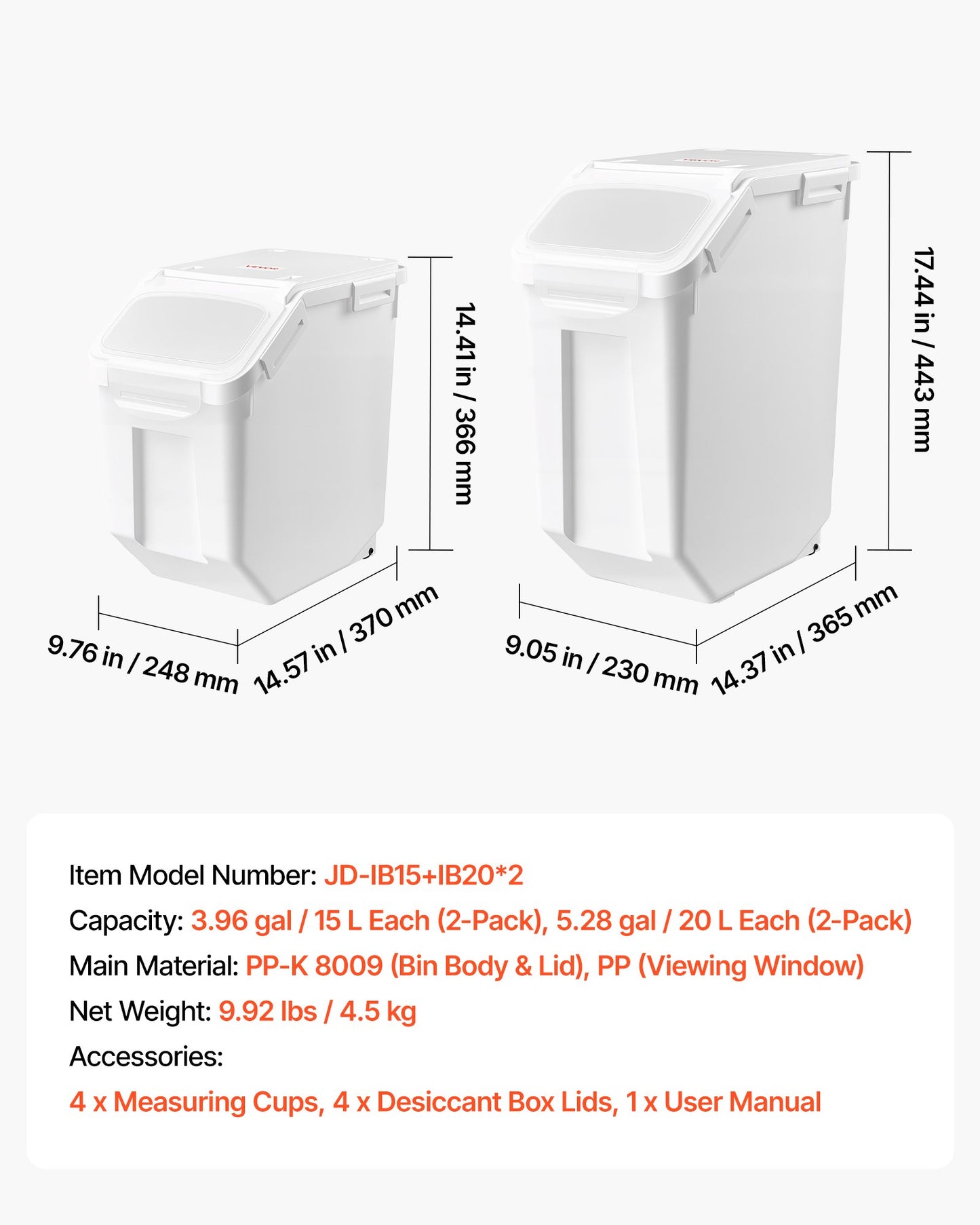 Rice Storage Container 4 Pack 15 L/3.96 Gal x 2 + 20 L/5.28 Gal x 2, for Kitchen Pantry, Stackable Large Dog Food Dispenser, Ingredient Grain Cereal Flour Bin with Measuring Cup, Airtight Lid