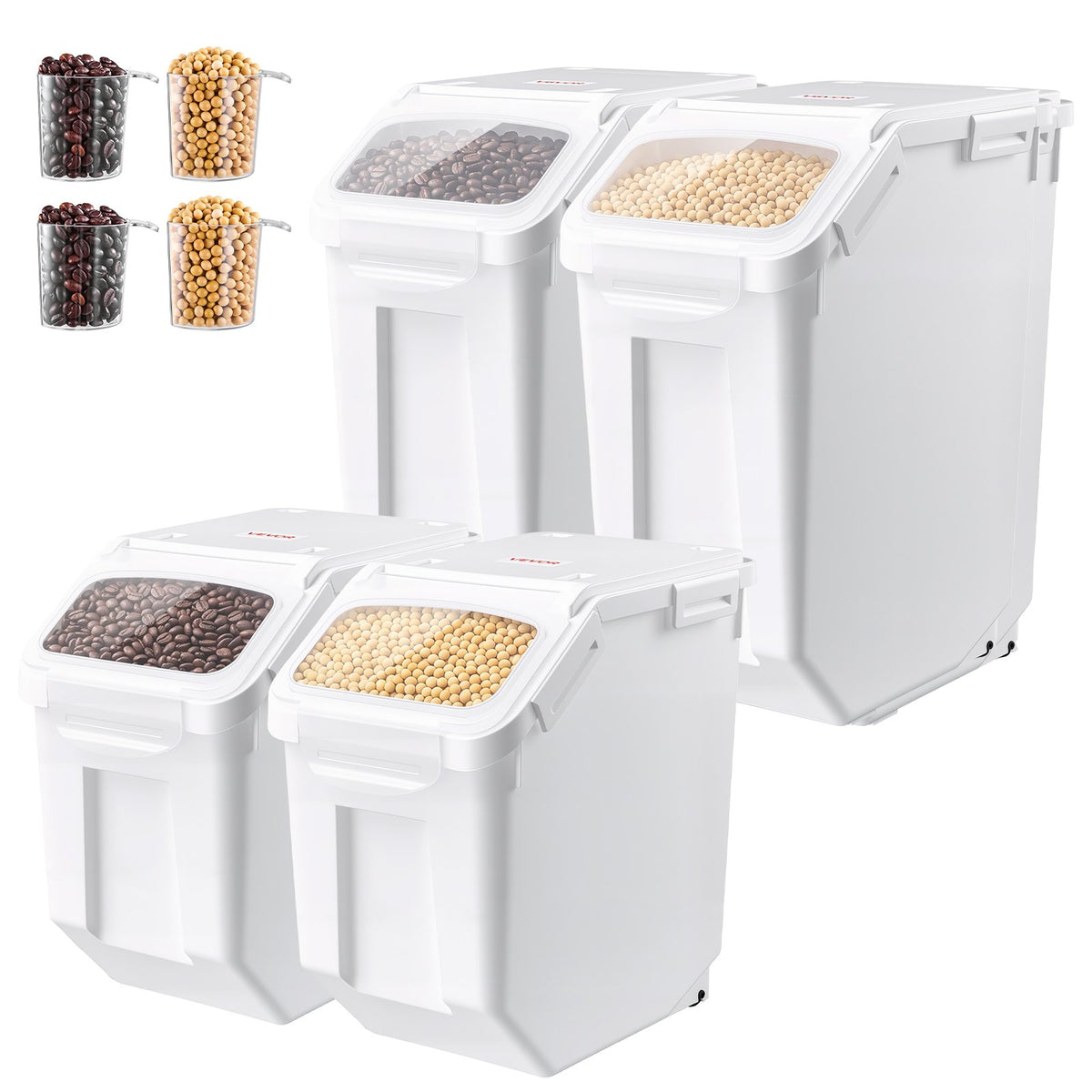 Rice Storage Container 4 Pack 15 L/3.96 Gal x 2 + 20 L/5.28 Gal x 2, for Kitchen Pantry, Stackable Large Dog Food Dispenser, Ingredient Grain Cereal Flour Bin with Measuring Cup, Airtight Lid