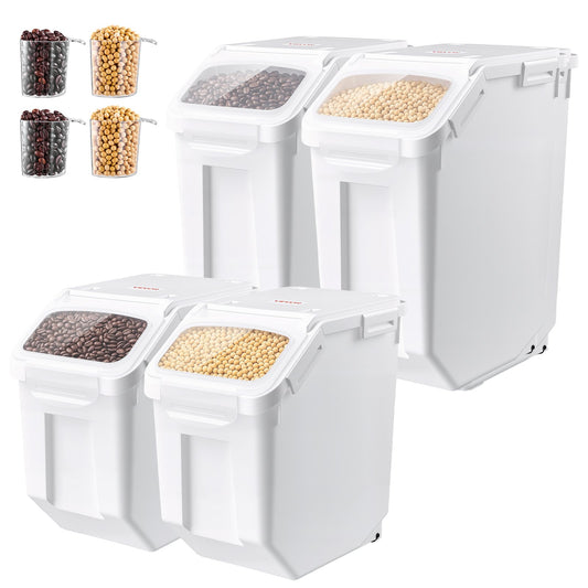 Rice Storage Container 4 Pack 15 L/3.96 Gal x 2 + 20 L/5.28 Gal x 2, for Kitchen Pantry, Stackable Large Dog Food Dispenser, Ingredient Grain Cereal Flour Bin with Measuring Cup, Airtight Lid